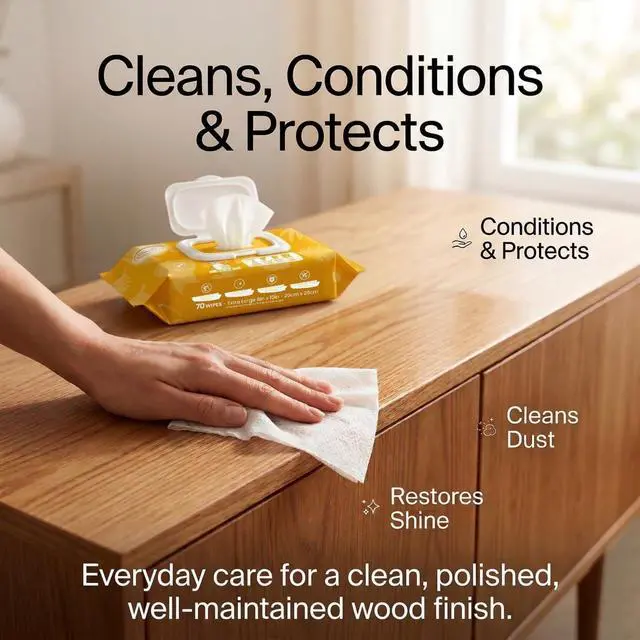 Alt view image 2 of 7 - Wood Furniture Cleaner Wipes 70 Count (2 Packs), XL 8x10 Inch | Clean, Protect, Polish Wood Tables, Chairs, Cabinets, Desks, With Vitamin E Gentle For Skin, Lemon Scent