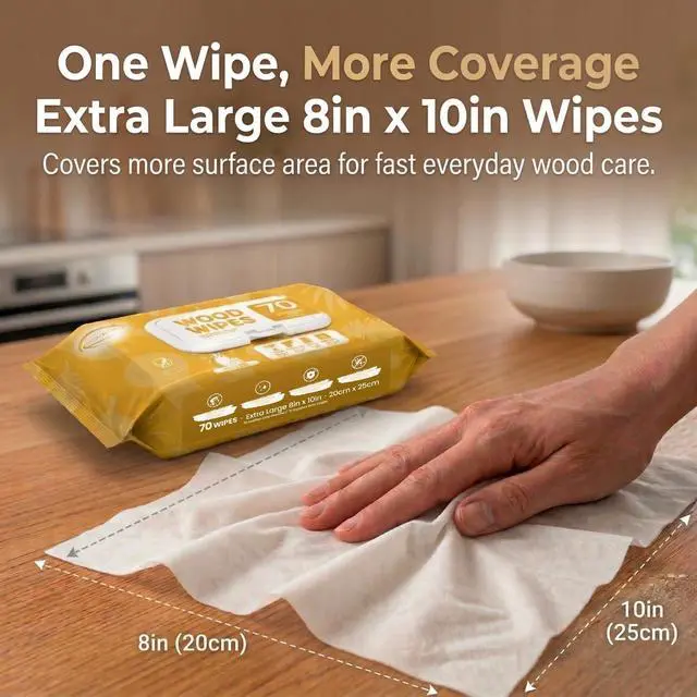 Alt view image 3 of 7 - Wood Furniture Cleaner Wipes 70 Count (2 Packs), XL 8x10 Inch | Clean, Protect, Polish Wood Tables, Chairs, Cabinets, Desks, With Vitamin E Gentle For Skin, Lemon Scent