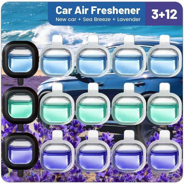 Main image of Car Air Freshener, 12 Refills + 3 Square Vent Clips, Car Fragrance | New Car Sea Breeze Lavender Scents Long Lasting, Each Up to 20-30 Days