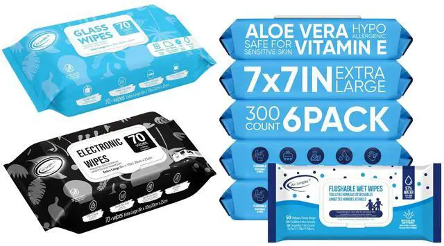 Main image of Bundle: Glass & Window Cleaner Wipes (70 Count) + Electronic Screen Cleaning Wipes (70 Count) + Flushable Body Wipes (300 Count, 6 Pack)