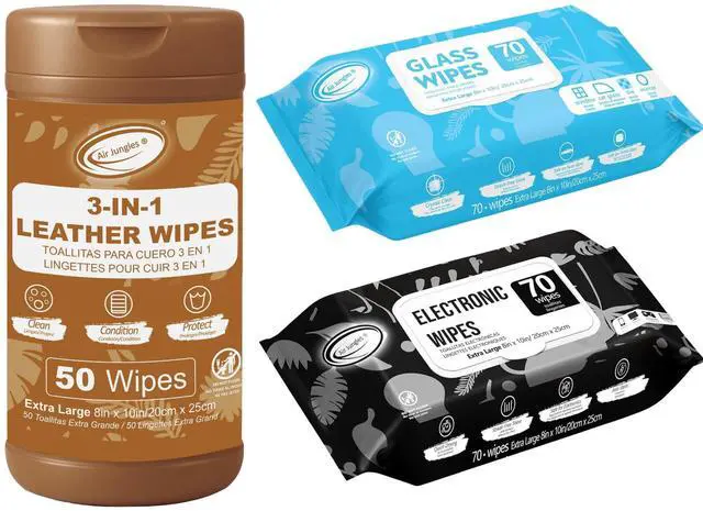 Main image of Bundle: Glass & Window Cleaner Wipes (70 Count) + 3-in-1 Leather Cleaner Wipes (50 Count) + Electronic Screen Cleaning Wipes (70 Count), Extra Large 8" x 10"