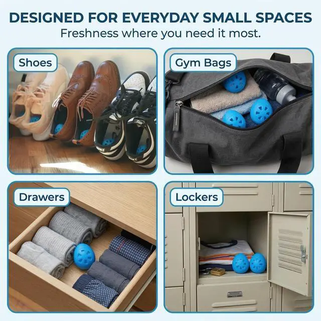 Alt view image 7 of 7 - Shoe Deodorizer Balls 6 Ct, Fresh Linen Scent | Up to 180 Days, Strong Odor Eliminator for Sneaker, Gym Bag, Locker and Drawer, with Adhesive and Hook for Multiple Use