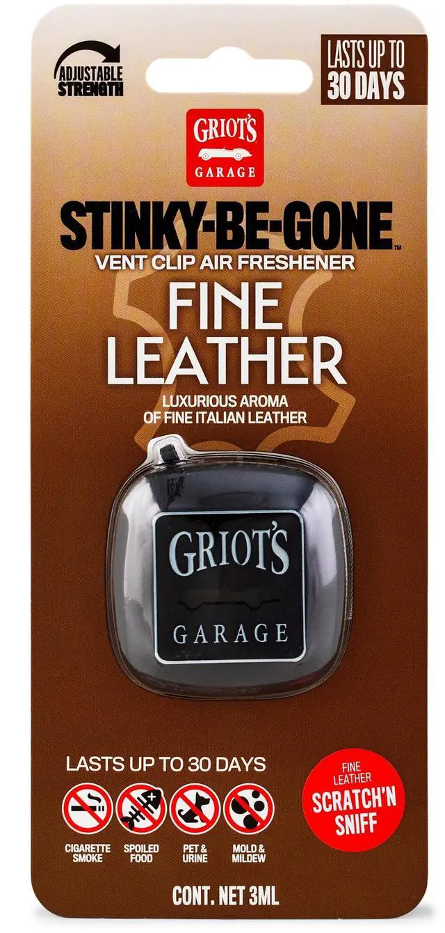 Main image of Stinky-Be-Gone Vent Clip Air Freshener, Odor Remover, Car Scent for Garage, Closet, Laundry Rooms, Bathrooms, and More, Fine Leather, 10763