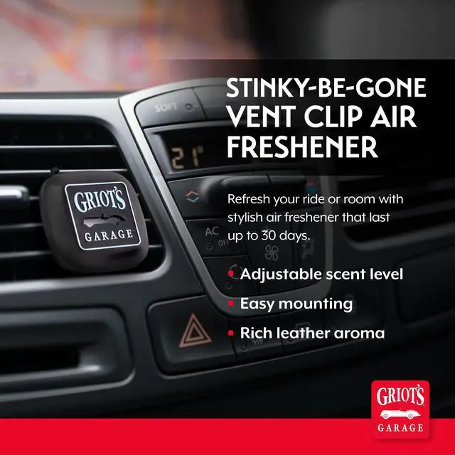 Alt view image 2 of 6 - Stinky-Be-Gone Vent Clip Air Freshener, Odor Remover, Car Scent for Garage, Closet, Laundry Rooms, Bathrooms, and More, Fine Leather, 10763