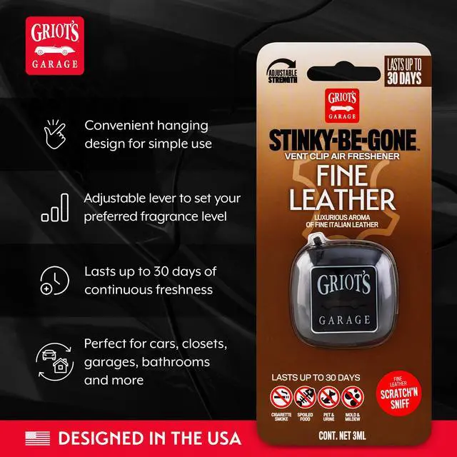 Alt view image 3 of 6 - Stinky-Be-Gone Vent Clip Air Freshener, Odor Remover, Car Scent for Garage, Closet, Laundry Rooms, Bathrooms, and More, Fine Leather, 10763