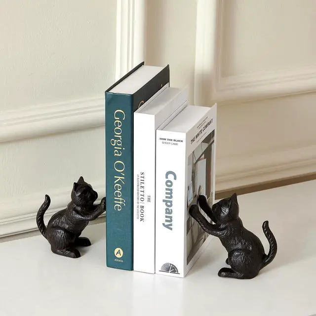 Alt view image 3 of 7 - Cat Decorative Bookends, Cute Book Ends to Hold Books, Bookends for Shelves, Unique Cast Iron Book Stopper for Heavy Books, Cat Office Decor, 1 Pair/2 PCS