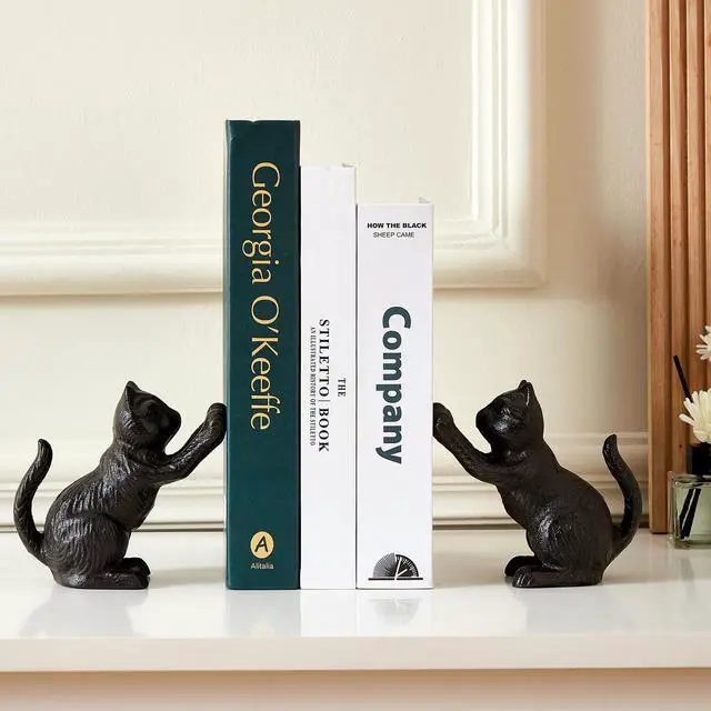 Alt view image 5 of 7 - Cat Decorative Bookends, Cute Book Ends to Hold Books, Bookends for Shelves, Unique Cast Iron Book Stopper for Heavy Books, Cat Office Decor, 1 Pair/2 PCS