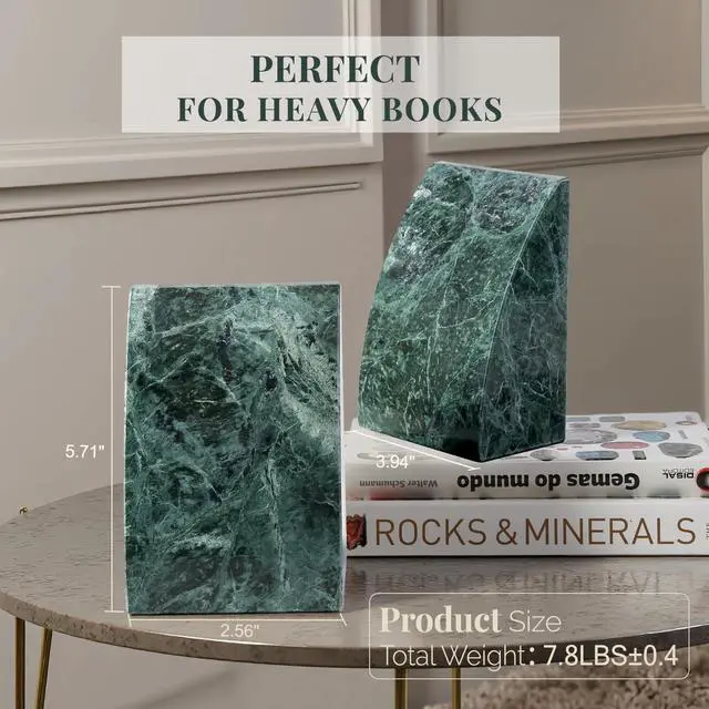 Alt view image 2 of 7 - Marble Bookends for Shelves, 8Lbs Large Stone Bookends for Heavy Books, Non-Slip Heavy Duty Book Stopper, Modern Decorative Book Ends for Bookshelf Table Home Decor(Green)