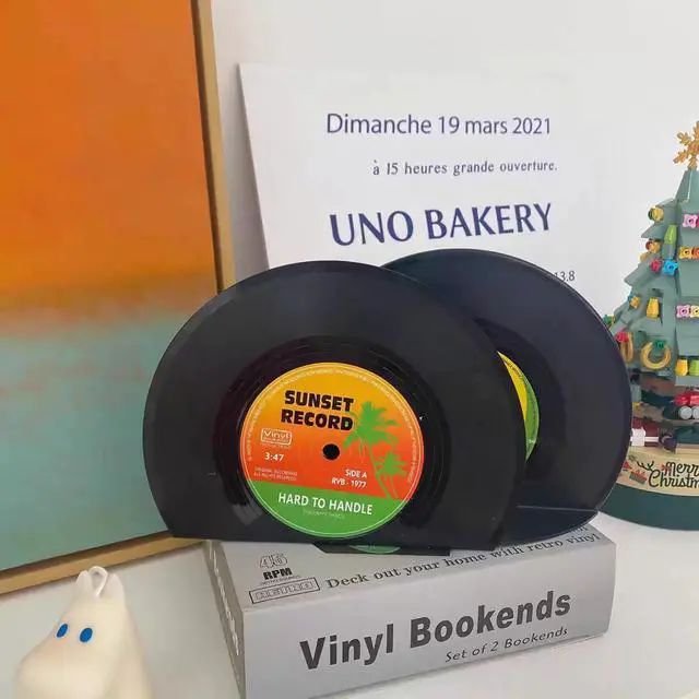 Alt view image 6 of 7 - Modern Bookends for Shelves,Retro Vinyl Record Bookends - Vintage Music Decor Bookend Set, Unique Decorative Book Stopper for Home Office & Gifts for Music Lovers(Sunset)