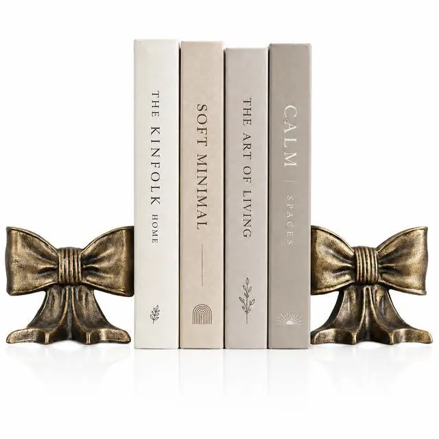Main image of Bookends Decorative Holder Shelves Set of 2 Heavy Vintage Book Stoopers | Gold Bow Metal Bookends,3.5lbs Duty Cast Iron fordesk Office Home,Heavy Books Unique Gift for Children Brass Accent Decor