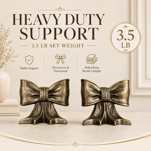 Alt view image 4 of 7 - Bookends Decorative Holder Shelves Set of 2 Heavy Vintage Book Stoopers | Gold Bow Metal Bookends,3.5lbs Duty Cast Iron fordesk Office Home,Heavy Books Unique Gift for Children Brass Accent Decor
