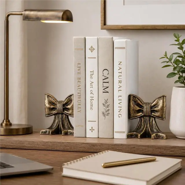 Alt view image 2 of 7 - Bookends Decorative Holder Shelves Set of 2 Heavy Vintage Book Stoopers | Gold Bow Metal Bookends,3.5lbs Duty Cast Iron fordesk Office Home,Heavy Books Unique Gift for Children Brass Accent Decor