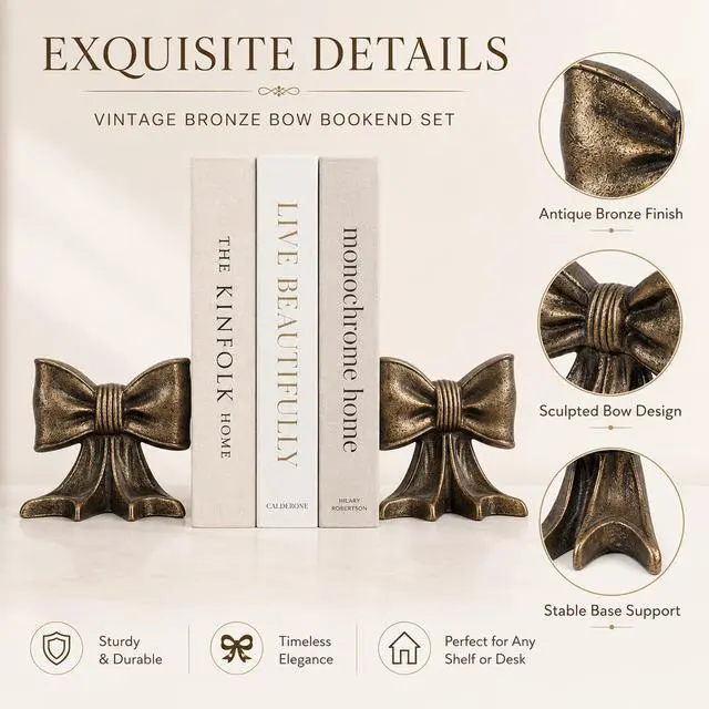 Alt view image 5 of 7 - Bookends Decorative Holder Shelves Set of 2 Heavy Vintage Book Stoopers | Gold Bow Metal Bookends,3.5lbs Duty Cast Iron fordesk Office Home,Heavy Books Unique Gift for Children Brass Accent Decor