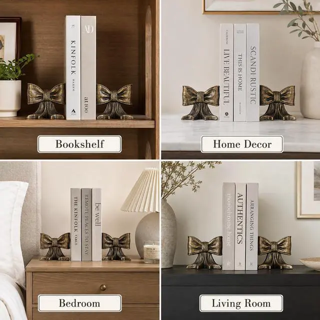 Alt view image 6 of 7 - Bookends Decorative Holder Shelves Set of 2 Heavy Vintage Book Stoopers | Gold Bow Metal Bookends,3.5lbs Duty Cast Iron fordesk Office Home,Heavy Books Unique Gift for Children Brass Accent Decor
