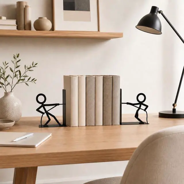 Alt view image 3 of 6 - Figure-Shaped bookend, Black Metal Bookends,Tug-of-War | Book ends for shelves with decorative bookends appeal, sturdy metal bookends design
