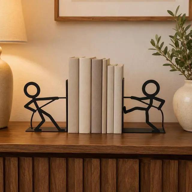Alt view image 5 of 6 - Figure-Shaped bookend, Black Metal Bookends,Tug-of-War | Book ends for shelves with decorative bookends appeal, sturdy metal bookends design