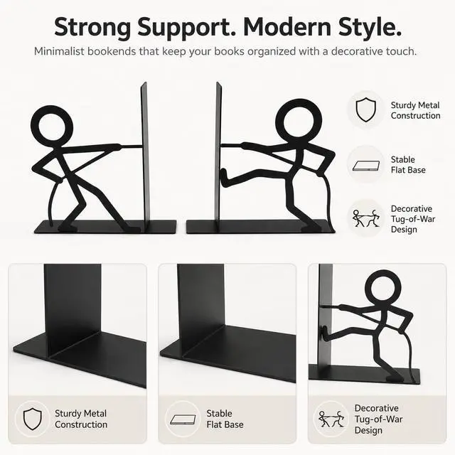 Alt view image 6 of 6 - Figure-Shaped bookend, Black Metal Bookends,Tug-of-War | Book ends for shelves with decorative bookends appeal, sturdy metal bookends design