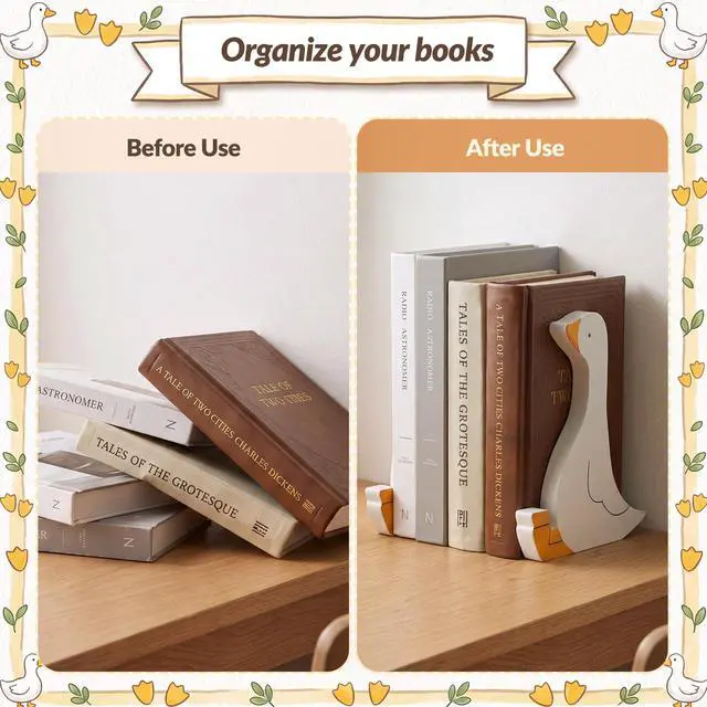 Alt view image 3 of 7 - 2 Pcs Silly Goose Bookends Decorative Book Holders for Shelves Gift | Double-sided Design; 7 Inches Tall; Non-slip Pad; No Assembly Needed; Suits Shelves, Desks, Offices; Gift for Book Lovers