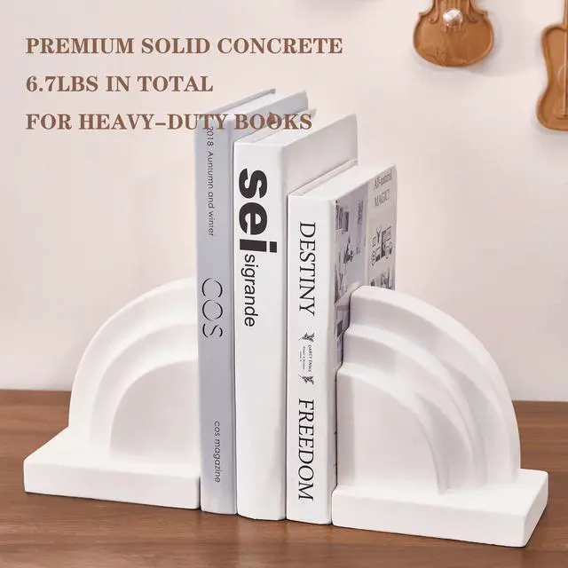 Alt view image 2 of 6 - Concrete Bookends for Heavy Books - Heavy Duty 2-Piece Set for Shelves, Decorative Book Ends for Home Office Library, Non-Slip Base