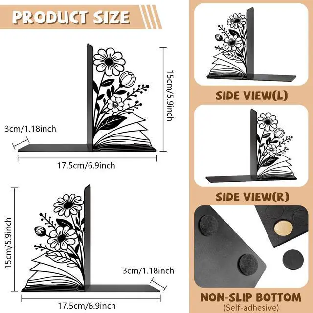 Alt view image 2 of 7 - Metal Bookends Flower & Book Bookends Decorative Cute Book Ends for Shelves Bookshelf Reading Decor Bookshelf Decor Space-Saving Desk Organizer for Book Lovers Gift
