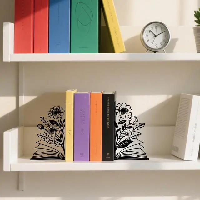 Alt view image 3 of 7 - Metal Bookends Flower & Book Bookends Decorative Cute Book Ends for Shelves Bookshelf Reading Decor Bookshelf Decor Space-Saving Desk Organizer for Book Lovers Gift