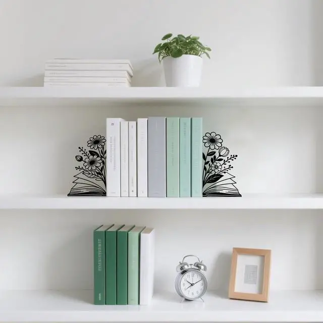 Alt view image 6 of 7 - Metal Bookends Flower & Book Bookends Decorative Cute Book Ends for Shelves Bookshelf Reading Decor Bookshelf Decor Space-Saving Desk Organizer for Book Lovers Gift