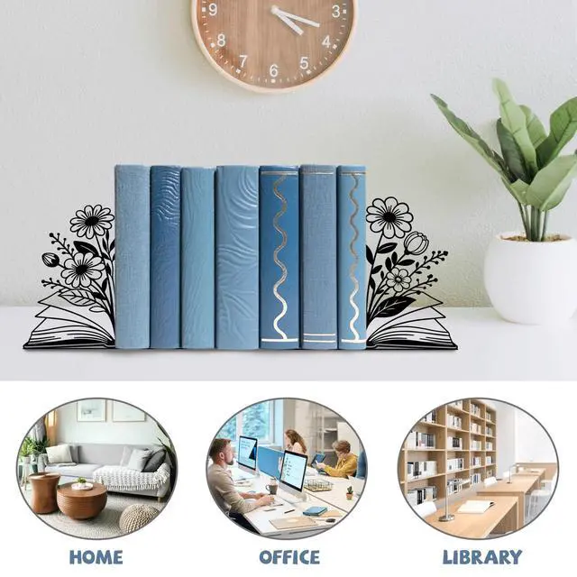 Alt view image 7 of 7 - Metal Bookends Flower & Book Bookends Decorative Cute Book Ends for Shelves Bookshelf Reading Decor Bookshelf Decor Space-Saving Desk Organizer for Book Lovers Gift