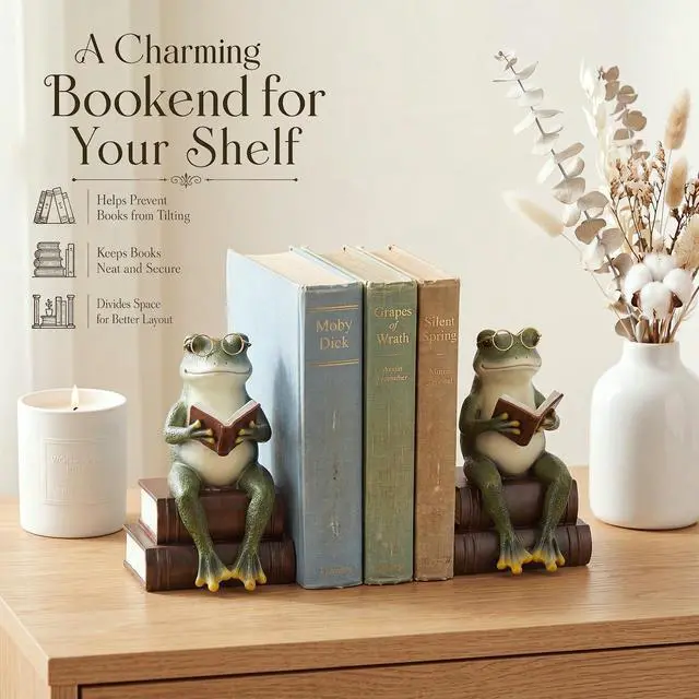 Alt view image 3 of 6 - Frog Decorative Bookend 7.2'' Heavy Duty Book End Frog Book Stopper with Anti-slip Base Graduation Gift for Reading Lover Vintage Gold Animal Statue for Shelves Bookshelf Home Office Decor