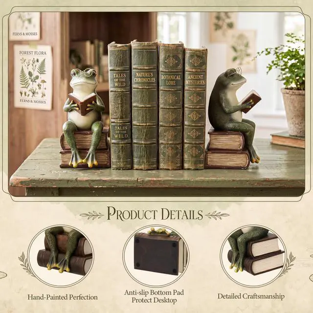 Alt view image 4 of 6 - Frog Decorative Bookend 7.2'' Heavy Duty Book End Frog Book Stopper with Anti-slip Base Graduation Gift for Reading Lover Vintage Gold Animal Statue for Shelves Bookshelf Home Office Decor