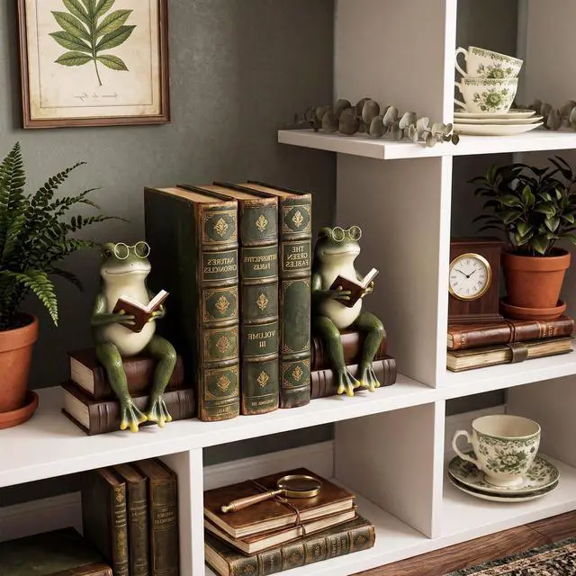 Alt view image 6 of 6 - Frog Decorative Bookend 7.2'' Heavy Duty Book End Frog Book Stopper with Anti-slip Base Graduation Gift for Reading Lover Vintage Gold Animal Statue for Shelves Bookshelf Home Office Decor