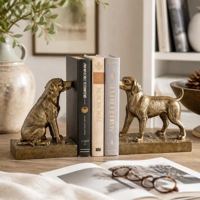 Alt view image 2 of 7 - Decorative Bookends for Shelves, Labrador Dog Book Ends for Heavy Books, Lab Dog Statues Bookends for Heavy Books with Anti-Slip Base Book Holders for Home Office Decor (Gold)