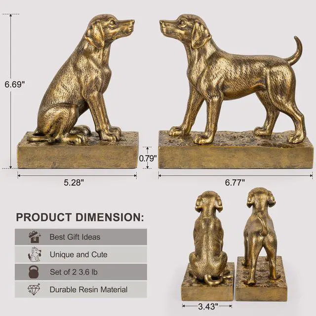 Alt view image 3 of 7 - Decorative Bookends for Shelves, Labrador Dog Book Ends for Heavy Books, Lab Dog Statues Bookends for Heavy Books with Anti-Slip Base Book Holders for Home Office Decor (Gold)