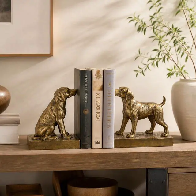 Alt view image 7 of 7 - Decorative Bookends for Shelves, Labrador Dog Book Ends for Heavy Books, Lab Dog Statues Bookends for Heavy Books with Anti-Slip Base Book Holders for Home Office Decor (Gold)