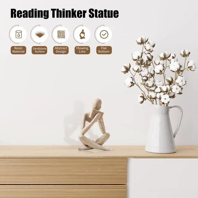 Alt view image 3 of 7 - Bookshelf Decor Reading Statue - Abstract Art Thinker Sculpture Bookend for Shelves Aesthetic, Modern Home Decoration Figurine for Living Room Office Shelf Desk Coffee Table Decor(Beige Right)