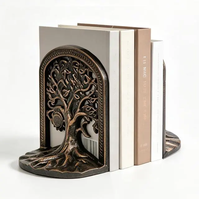 Main image of Tree of Life Decorative Bookends Set for Heavy Books, Shelves | Vintage Bronze Metal Finish, Non-Slip Base, Cast Iron, A Great Gift Family & Friends, for Bookcases, Home, Office, Library