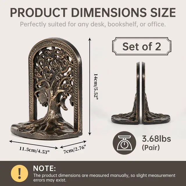 Alt view image 2 of 7 - Tree of Life Decorative Bookends Set for Heavy Books, Shelves | Vintage Bronze Metal Finish, Non-Slip Base, Cast Iron, A Great Gift Family & Friends, for Bookcases, Home, Office, Library