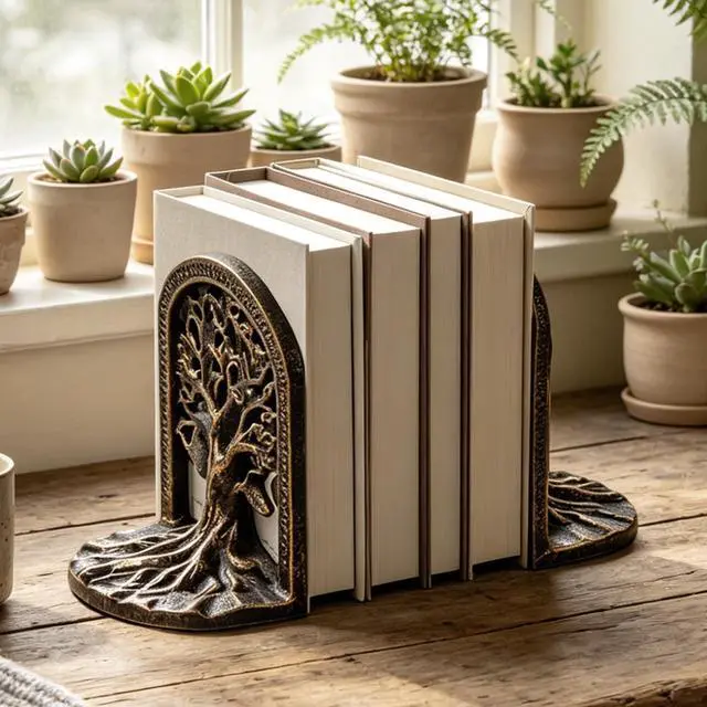 Alt view image 5 of 7 - Tree of Life Decorative Bookends Set for Heavy Books, Shelves | Vintage Bronze Metal Finish, Non-Slip Base, Cast Iron, A Great Gift Family & Friends, for Bookcases, Home, Office, Library