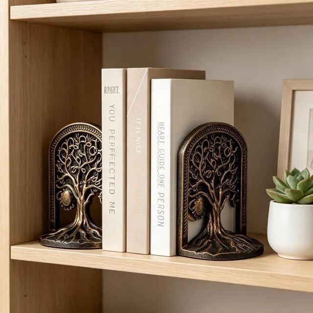Alt view image 4 of 7 - Tree of Life Decorative Bookends Set for Heavy Books, Shelves | Vintage Bronze Metal Finish, Non-Slip Base, Cast Iron, A Great Gift Family & Friends, for Bookcases, Home, Office, Library