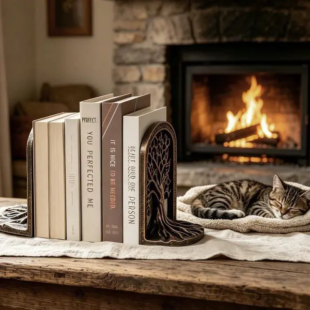 Alt view image 6 of 7 - Tree of Life Decorative Bookends Set for Heavy Books, Shelves | Vintage Bronze Metal Finish, Non-Slip Base, Cast Iron, A Great Gift Family & Friends, for Bookcases, Home, Office, Library