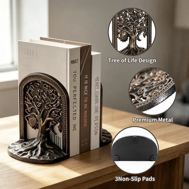 Alt view image 3 of 7 - Tree of Life Decorative Bookends Set for Heavy Books, Shelves | Vintage Bronze Metal Finish, Non-Slip Base, Cast Iron, A Great Gift Family & Friends, for Bookcases, Home, Office, Library