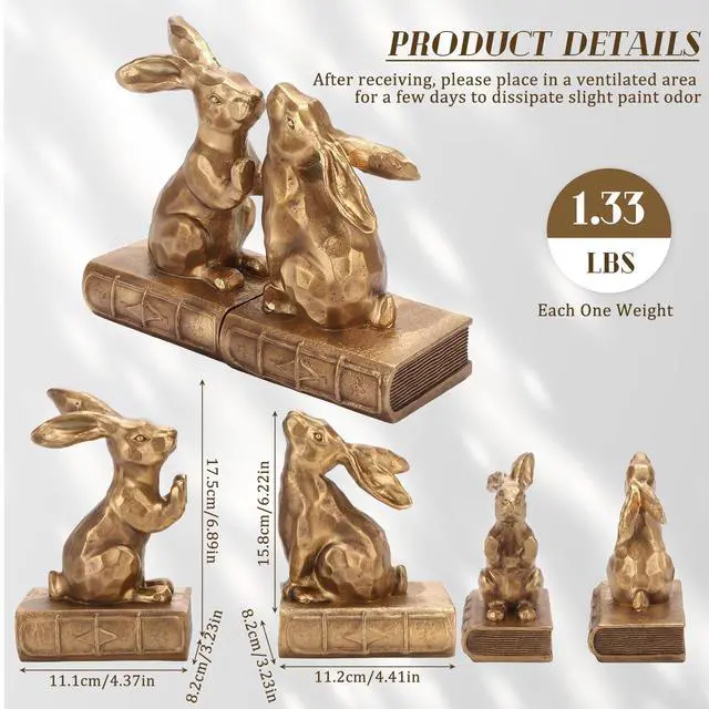 Alt view image 2 of 7 - 2 Pcs Decorative Rabbit Bookends for Shelves, Bunny Gift Book Ends for Heavy Books Animal Stopper Retriever Statues Bookends with Anti-Slip Base for Book Lover Home Bookshelf, Bronze
