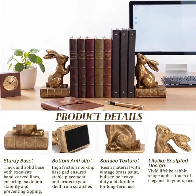 Alt view image 3 of 7 - 2 Pcs Decorative Rabbit Bookends for Shelves, Bunny Gift Book Ends for Heavy Books Animal Stopper Retriever Statues Bookends with Anti-Slip Base for Book Lover Home Bookshelf, Bronze