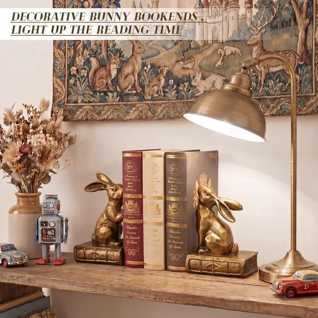 Alt view image 4 of 7 - 2 Pcs Decorative Rabbit Bookends for Shelves, Bunny Gift Book Ends for Heavy Books Animal Stopper Retriever Statues Bookends with Anti-Slip Base for Book Lover Home Bookshelf, Bronze