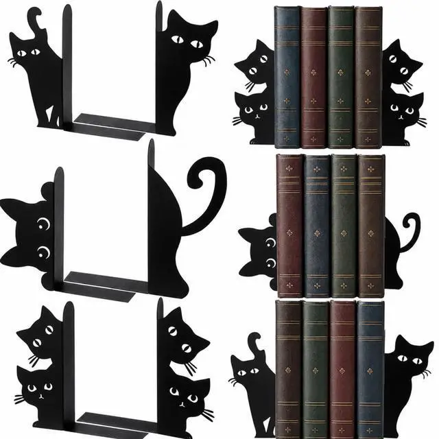 Main image of 6pcs Black Cat Metal Bookends Cute Cats Bookends for Shelves, Bookshelf Decorative Home Office Desk, Bookstore, Bookshelf Decor Cat and Reading Lovers Gift