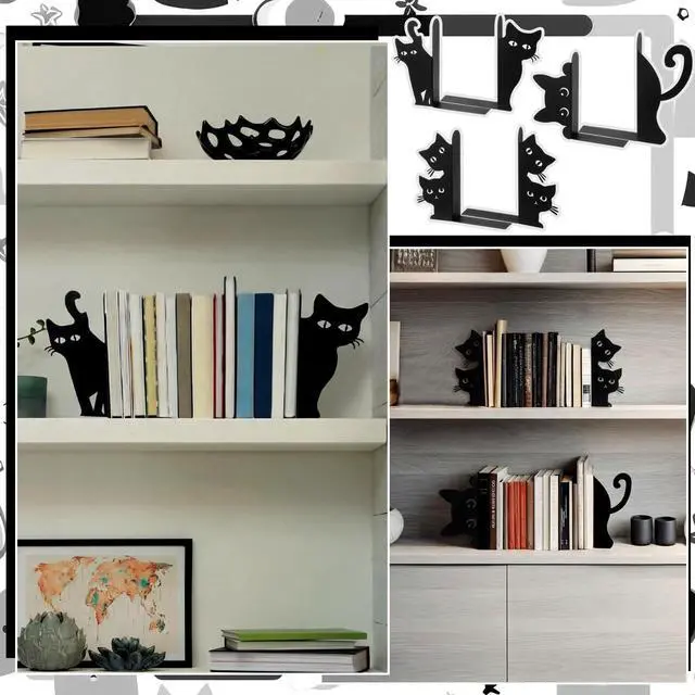 Alt view image 3 of 7 - 6pcs Black Cat Metal Bookends Cute Cats Bookends for Shelves, Bookshelf Decorative Home Office Desk, Bookstore, Bookshelf Decor Cat and Reading Lovers Gift