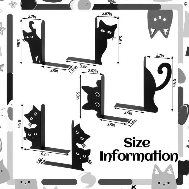 Alt view image 4 of 7 - 6pcs Black Cat Metal Bookends Cute Cats Bookends for Shelves, Bookshelf Decorative Home Office Desk, Bookstore, Bookshelf Decor Cat and Reading Lovers Gift