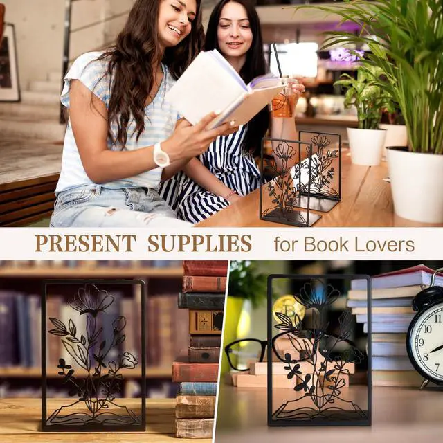 Alt view image 6 of 7 - Book Lover Gifts Metal Book Shelf Accessories Bookends | Metal Book Ends TBR Storage Bookends for Shelves Decorative Bookworm Librarian Readers Booklover Bookish Reading Accessory