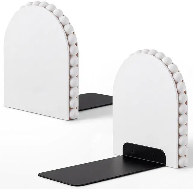 Main image of 2 Pcs Decorative White Beaded Bookends for Shelves, 5.5 Inch Solid Beech Wood Heavy Book End with Boho Bead Trim, Book Stopper for Home Office Library Back to School, Farmhouse Bohemian Decor