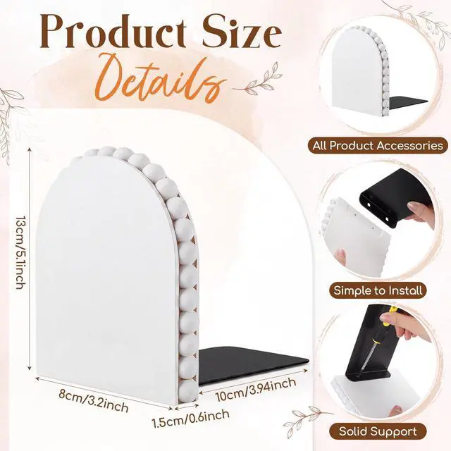 Alt view image 2 of 6 - 2 Pcs Decorative White Beaded Bookends for Shelves, 5.5 Inch Solid Beech Wood Heavy Book End with Boho Bead Trim, Book Stopper for Home Office Library Back to School, Farmhouse Bohemian Decor