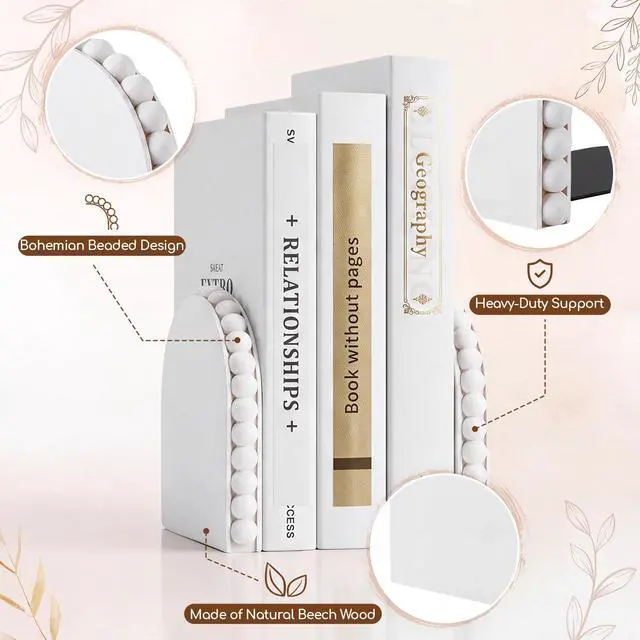 Alt view image 3 of 6 - 2 Pcs Decorative White Beaded Bookends for Shelves, 5.5 Inch Solid Beech Wood Heavy Book End with Boho Bead Trim, Book Stopper for Home Office Library Back to School, Farmhouse Bohemian Decor